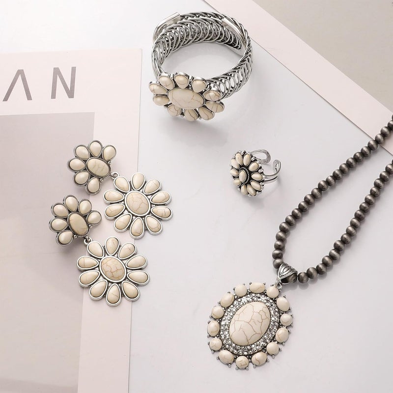 JMScape 4 PCS Western Turquoise Jewelry for Women Boho Vintage Navajo Pearl Necklace Earring Bracelet Ring Set Country Cowgirl Accessories for Gift - Image 3